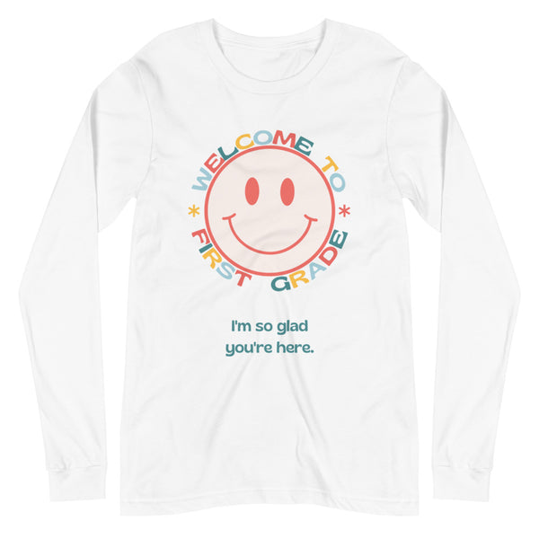 welcome to first grade smiley long sleeve tee